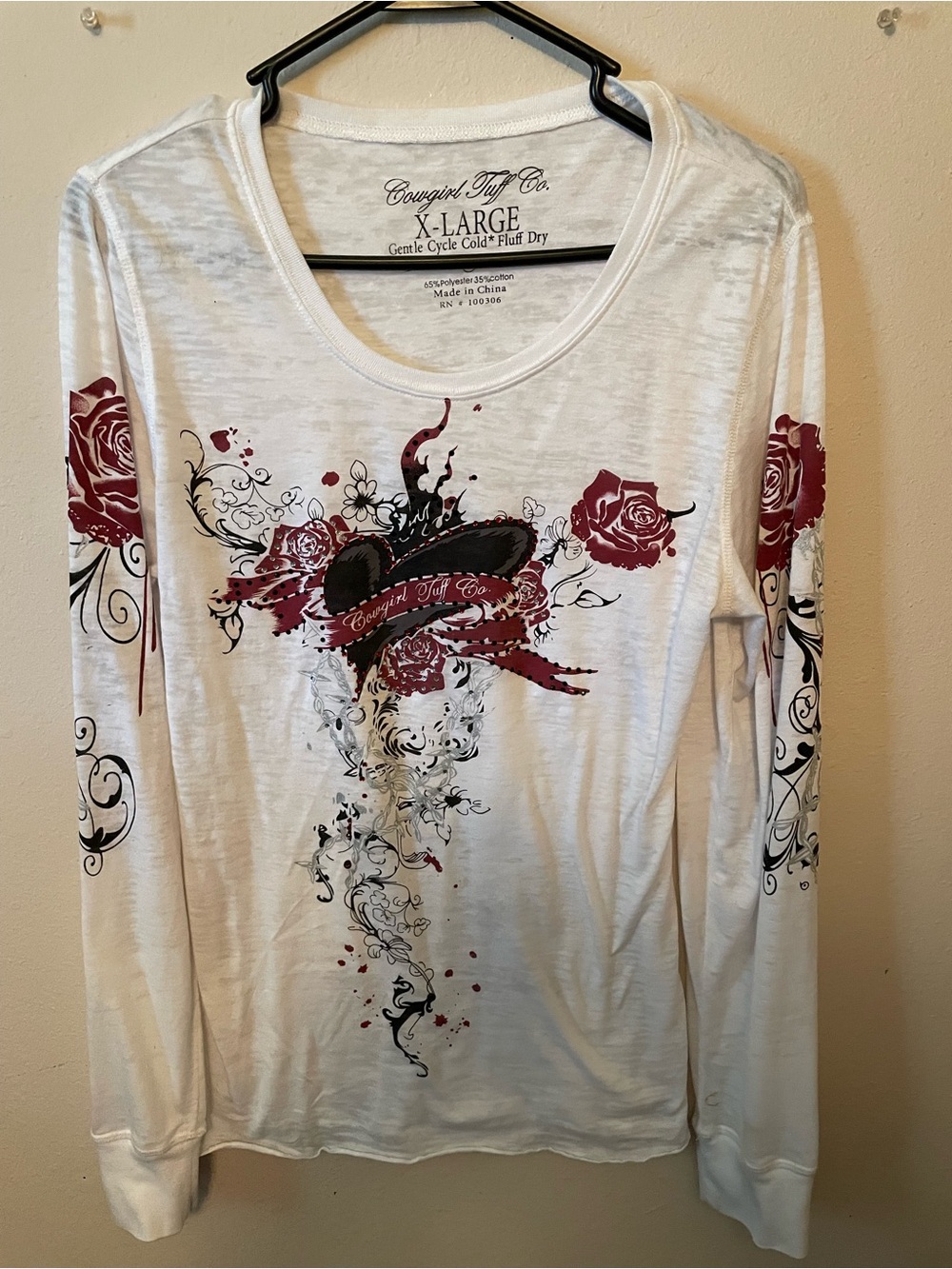 Cowgirl Tuff White Long Sleeve Tee with Burgundy Rose and Black Scroll Graphic